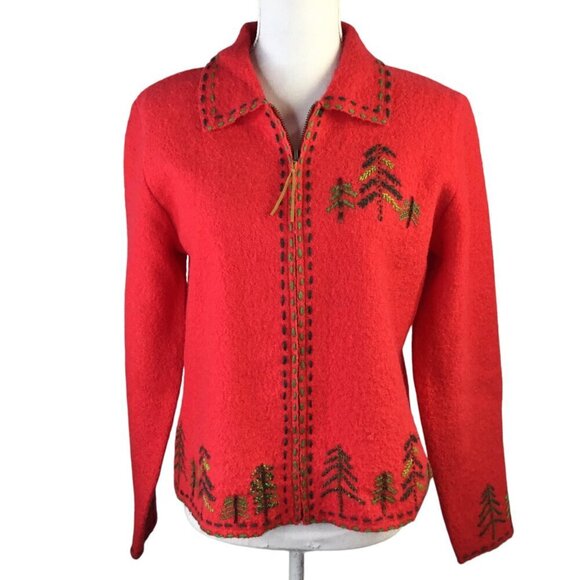 Belle Pointe Wool Jacket Women's M Red Embroidered Trees Christmas BellePointe - Picture 1 of 9